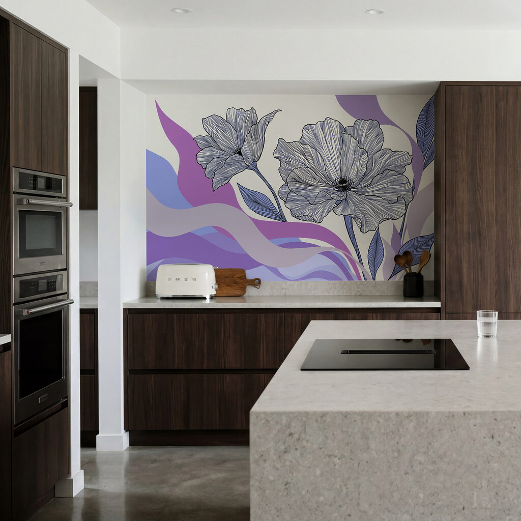 Bloemlijnen boven golvende kleurbanen — interieur 4