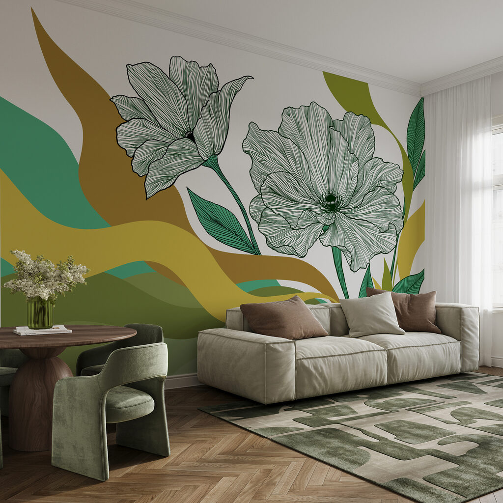 Bloemlijnen boven golvende kleurbanen — interieur 1