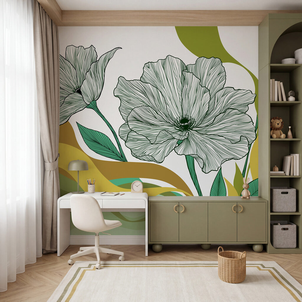 Bloemlijnen boven golvende kleurbanen — interieur 2