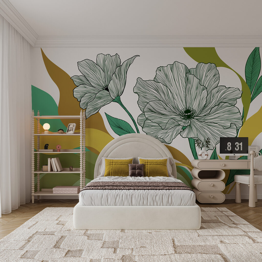 Bloemlijnen boven golvende kleurbanen — interieur 3