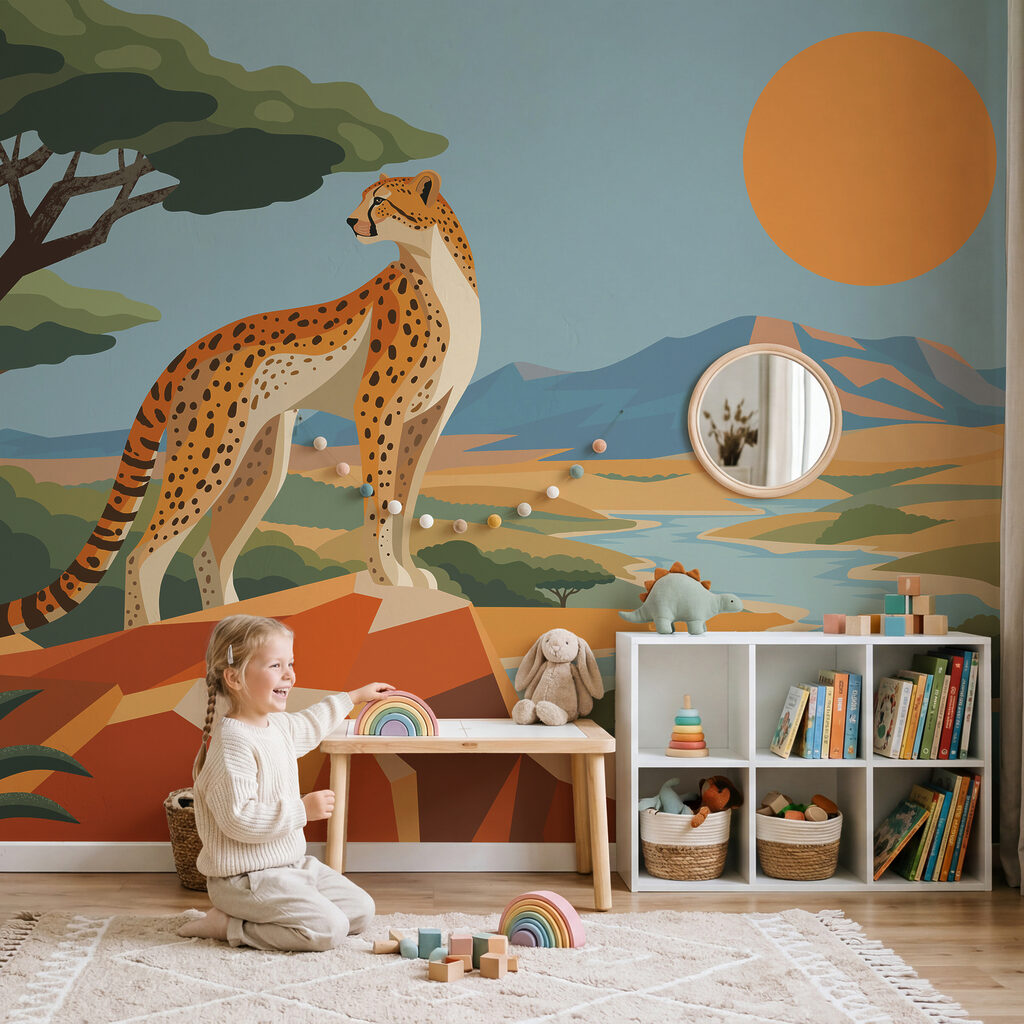 Cheeta die op een rots staat in een interieur