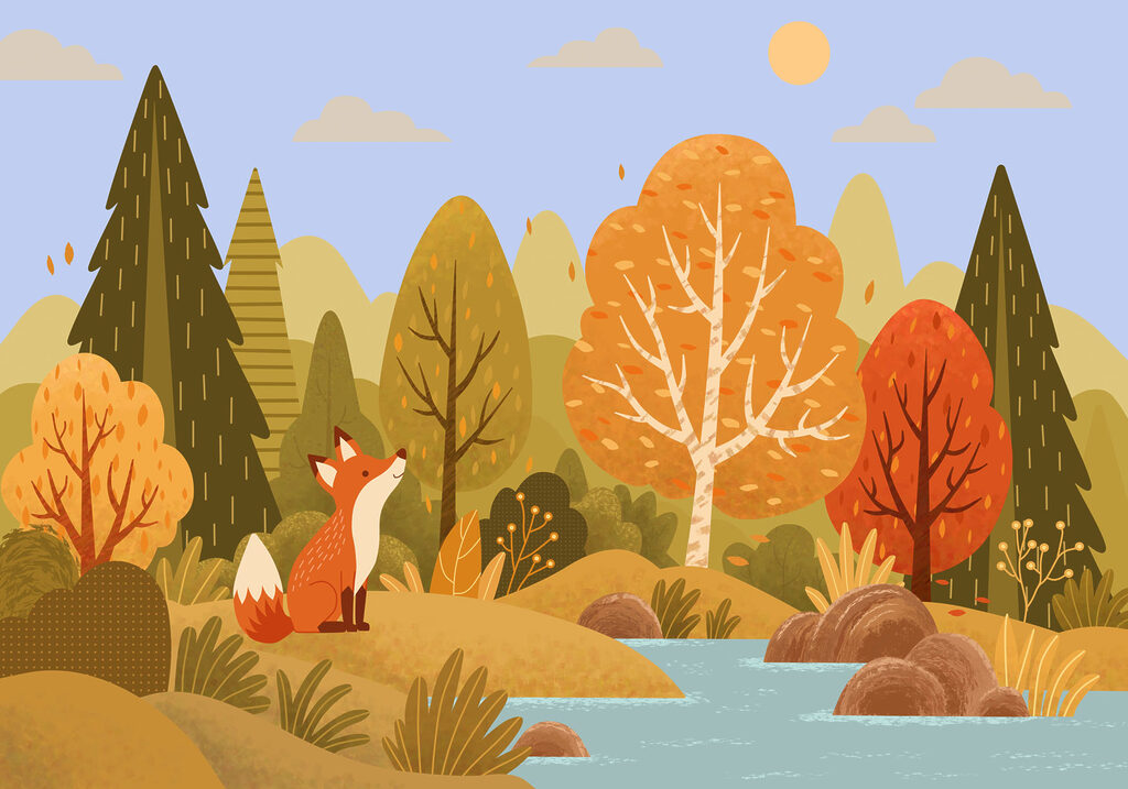 Een vos die op een heuvel bij een rivier zit — volledig ontwerp