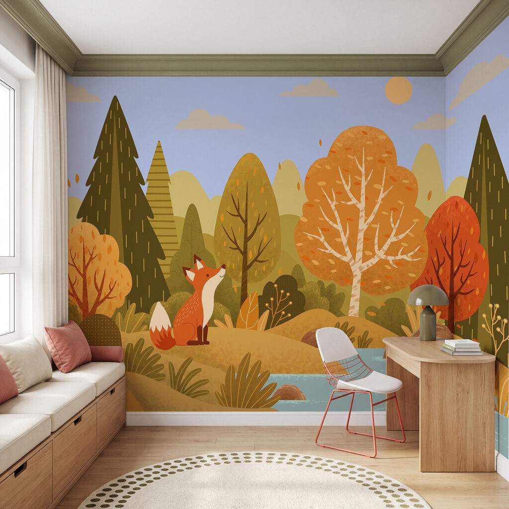 Een vos die op een heuvel bij een rivier zit — interieur 1