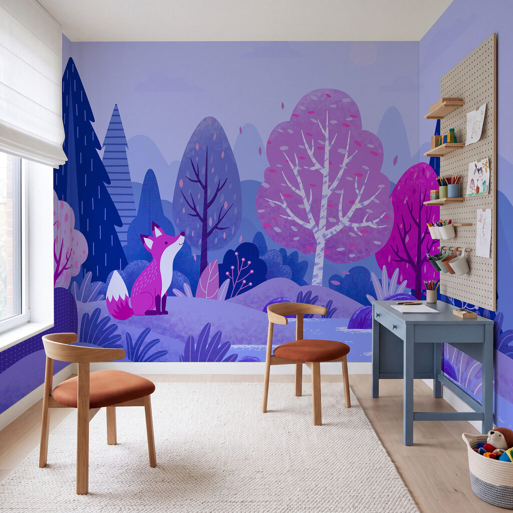 Cartoon van een vos die op een heuvel zit, omringd door bomen — interieur 1