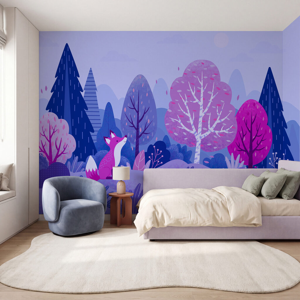Cartoon van een vos die op een heuvel zit, omringd door bomen — interieur 3