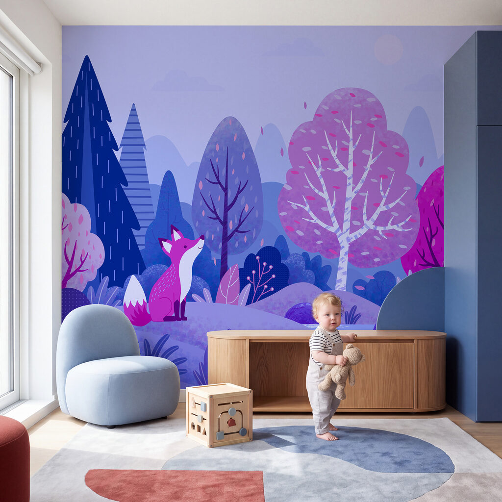 Cartoon van een vos die op een heuvel zit, omringd door bomen — interieur 4