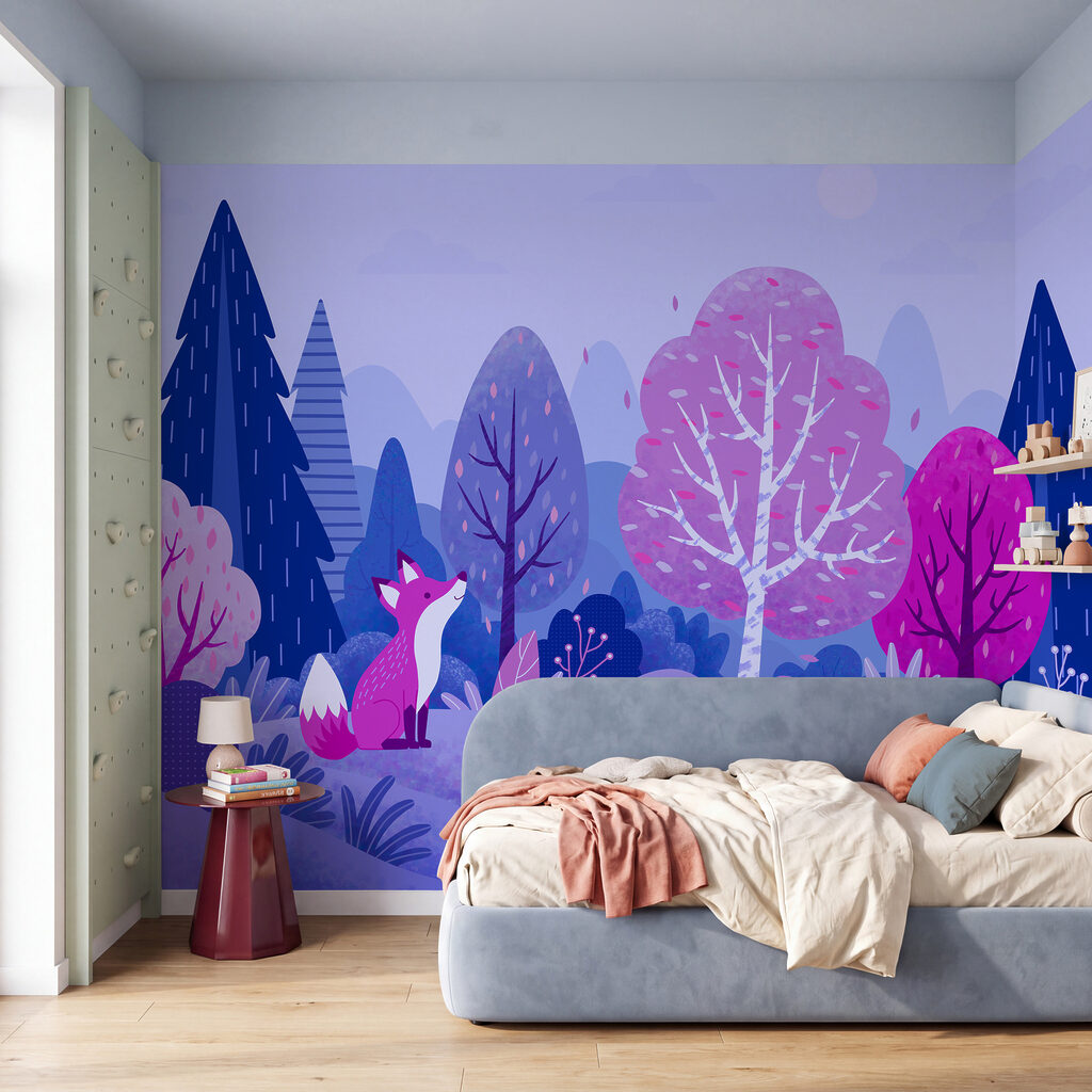 Cartoon van een vos die op een heuvel zit, omringd door bomen — interieur 2