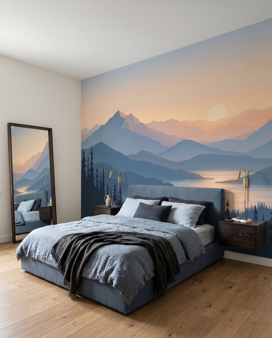 Bergmeer onder de avondzon in een interieur
