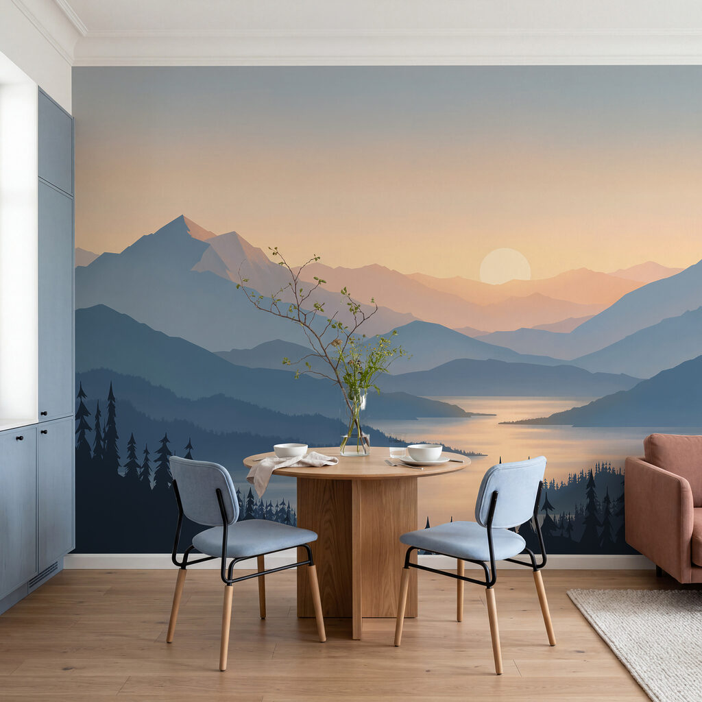 Landschap met bergen en een meer in een interieur