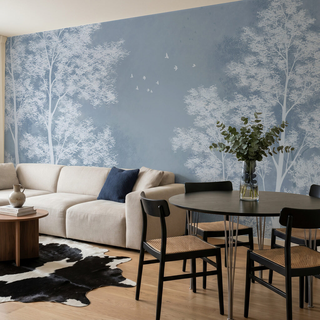 Een groep bomen met vogels die in de lucht vliegen — interieur 3