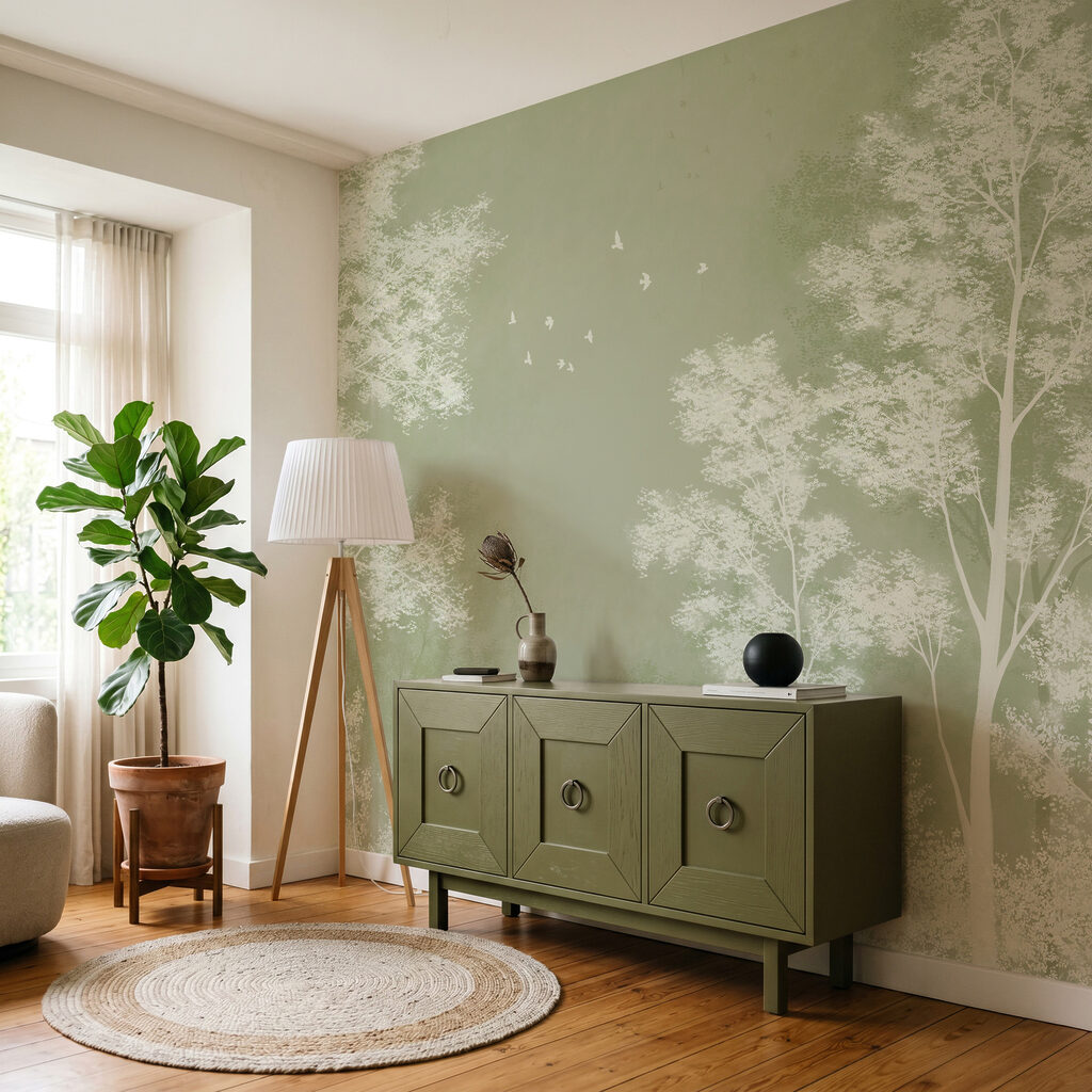 Een groep bomen met vogels die in de lucht vliegen — interieur 3