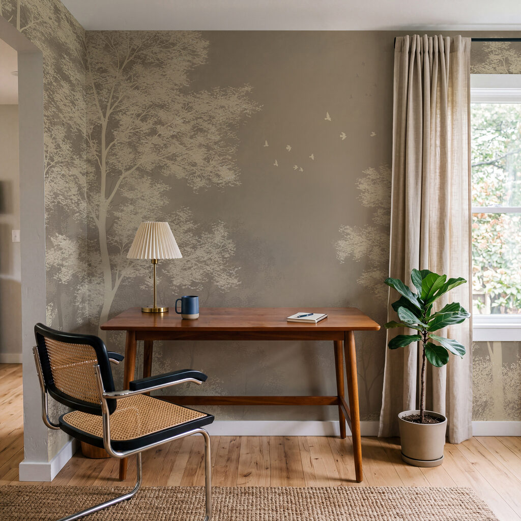 Een groep bomen met vogels die in de lucht vliegen — interieur 5