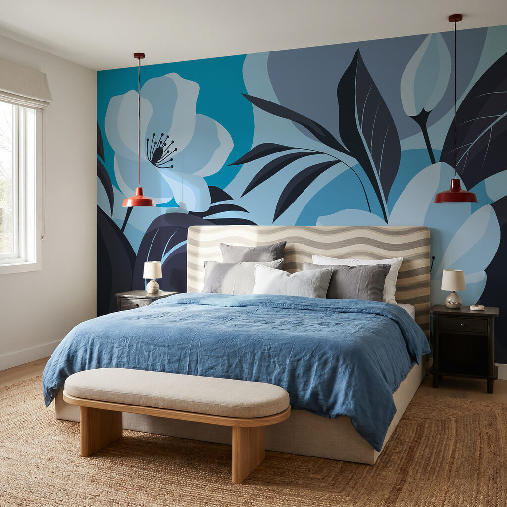Bloemen tussen gekleurde bladvormen — interieur 1