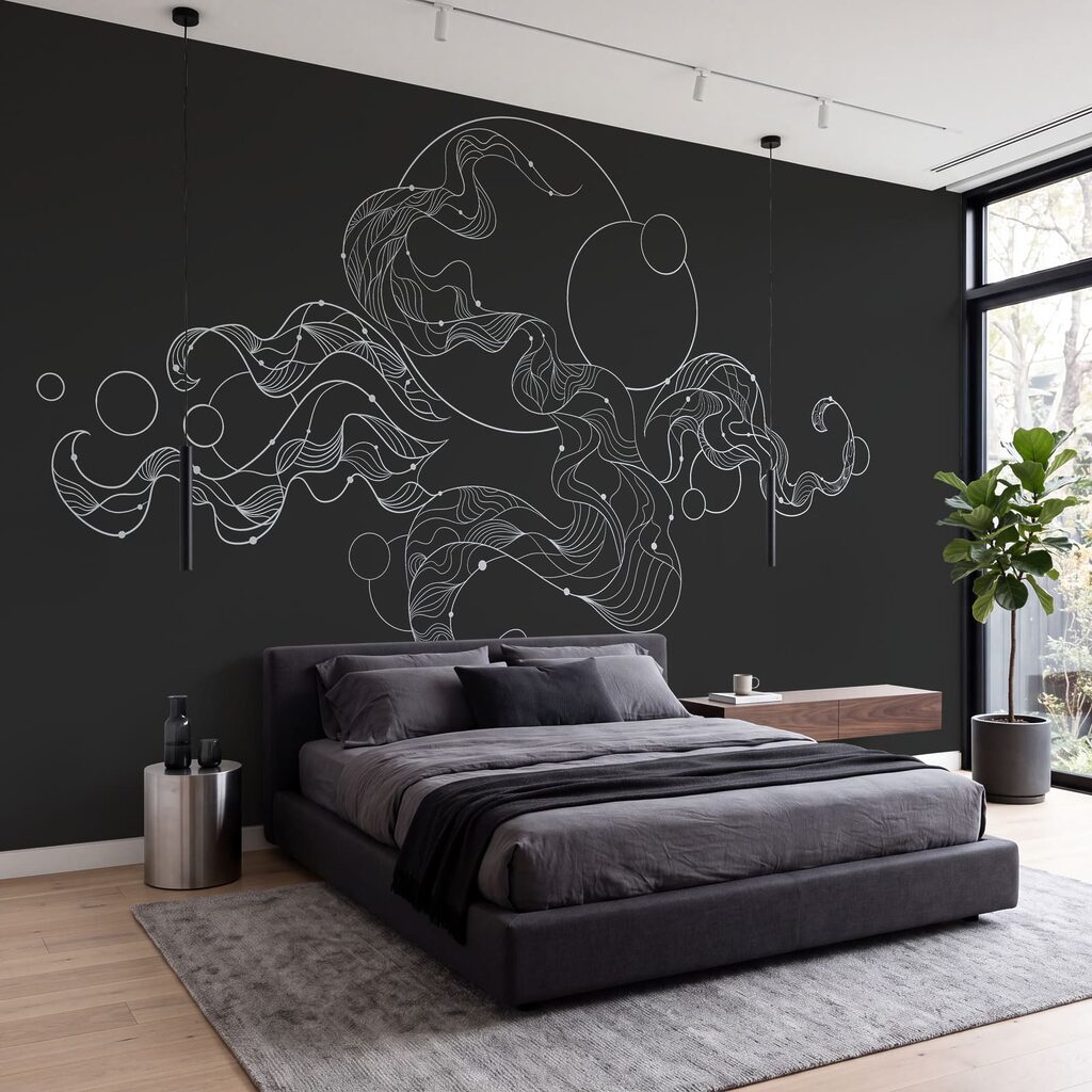 Zwart-witte tekening van een krullend patroon — interieur 1