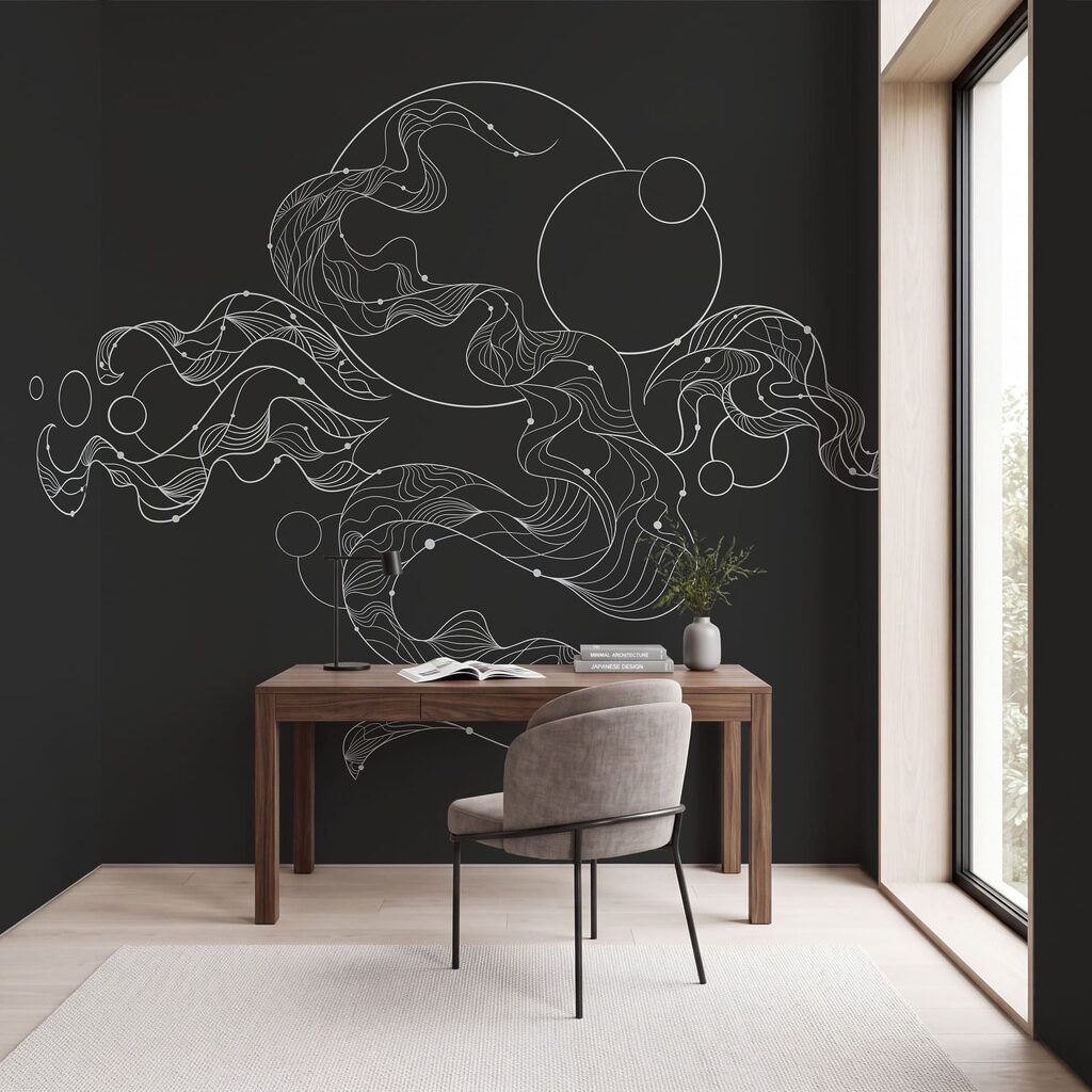 Zwart-witte tekening van een krullend patroon — interieur 2
