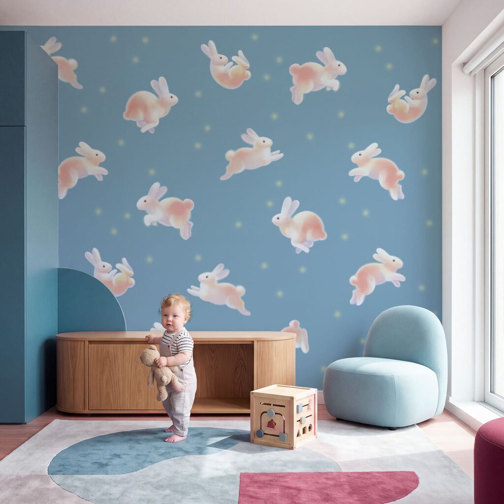 Een groep konijnen op een blauwe achtergrond in een interieur