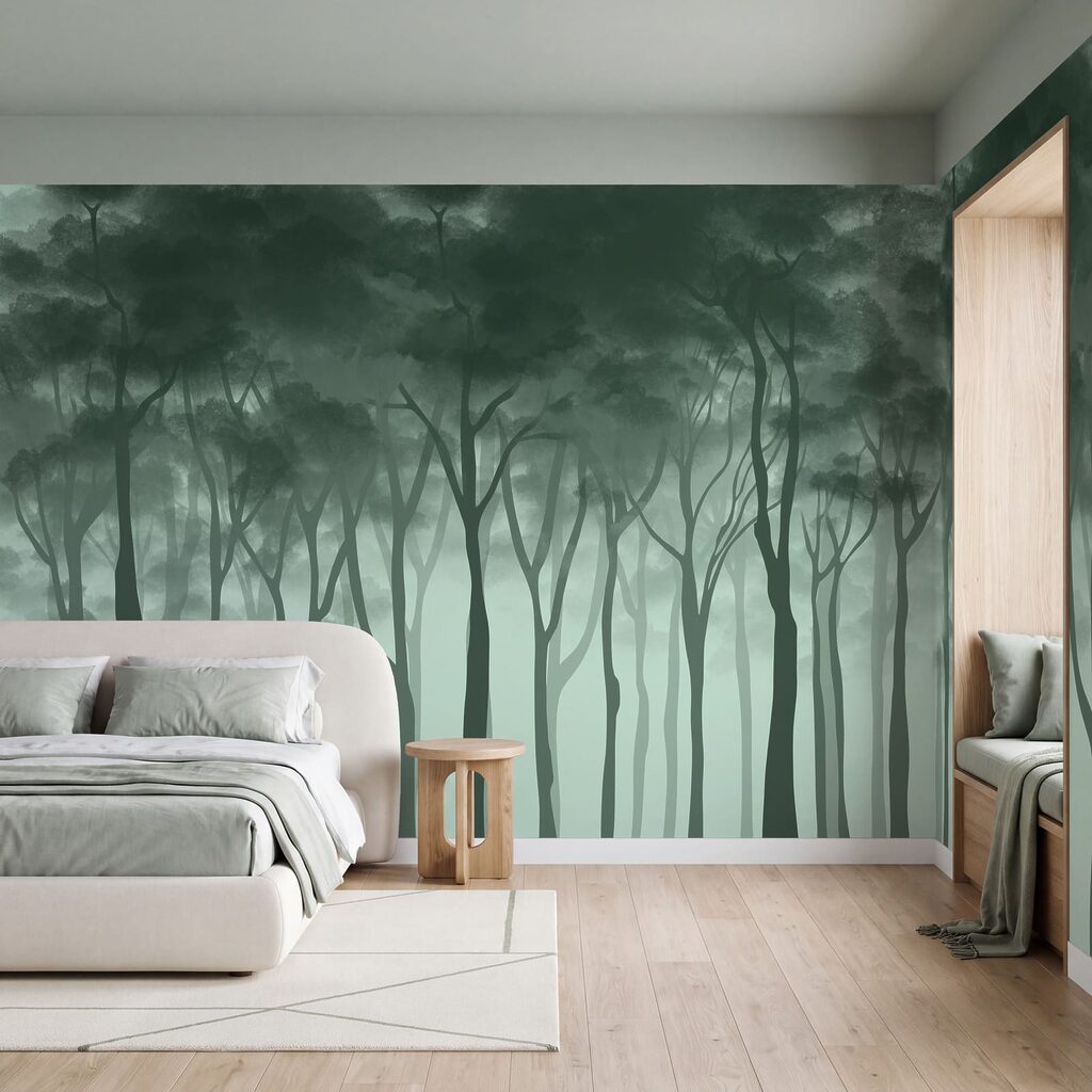 Een groep bomen in een mistig bos in een interieur