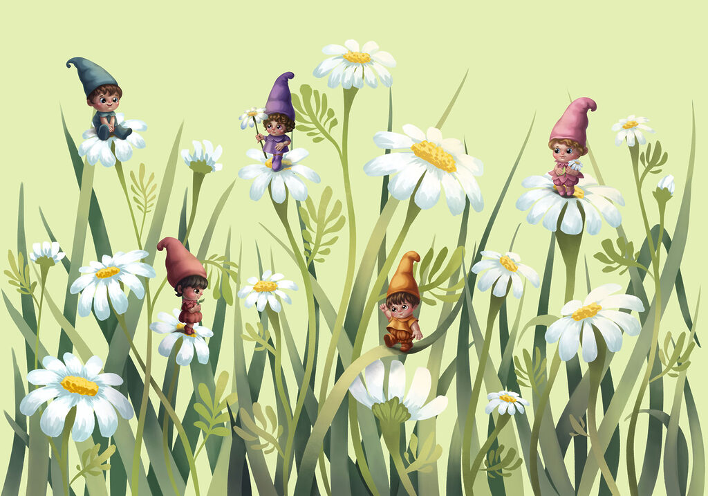 Kabouters tussen hoge bloemen — volledig ontwerp
