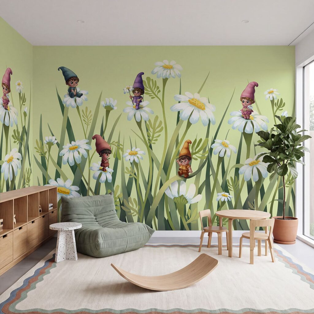 Groepje kabouters op bloemen in een interieur