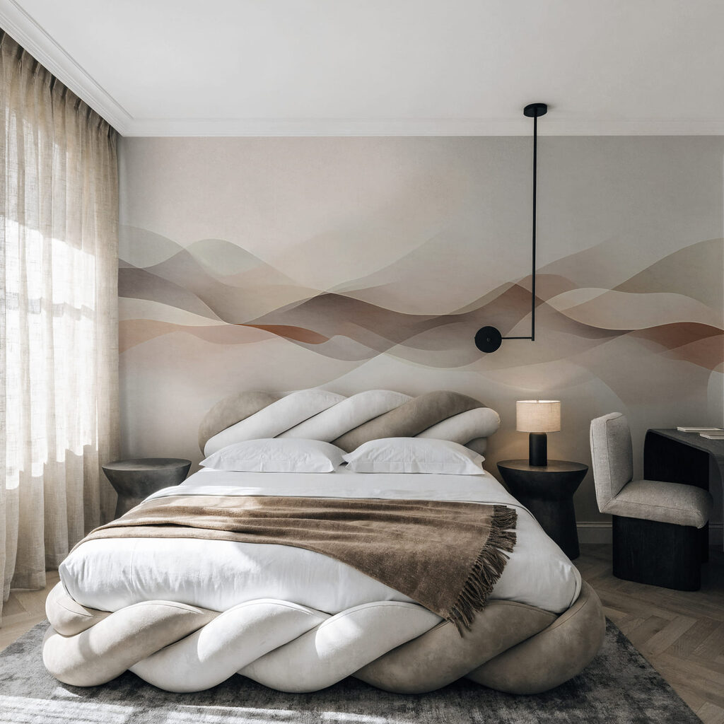 Witte achtergrond met bruine en witte golven in een interieur