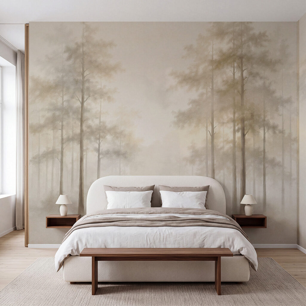 Slanke bomen in ochtendnevel — interieur 1