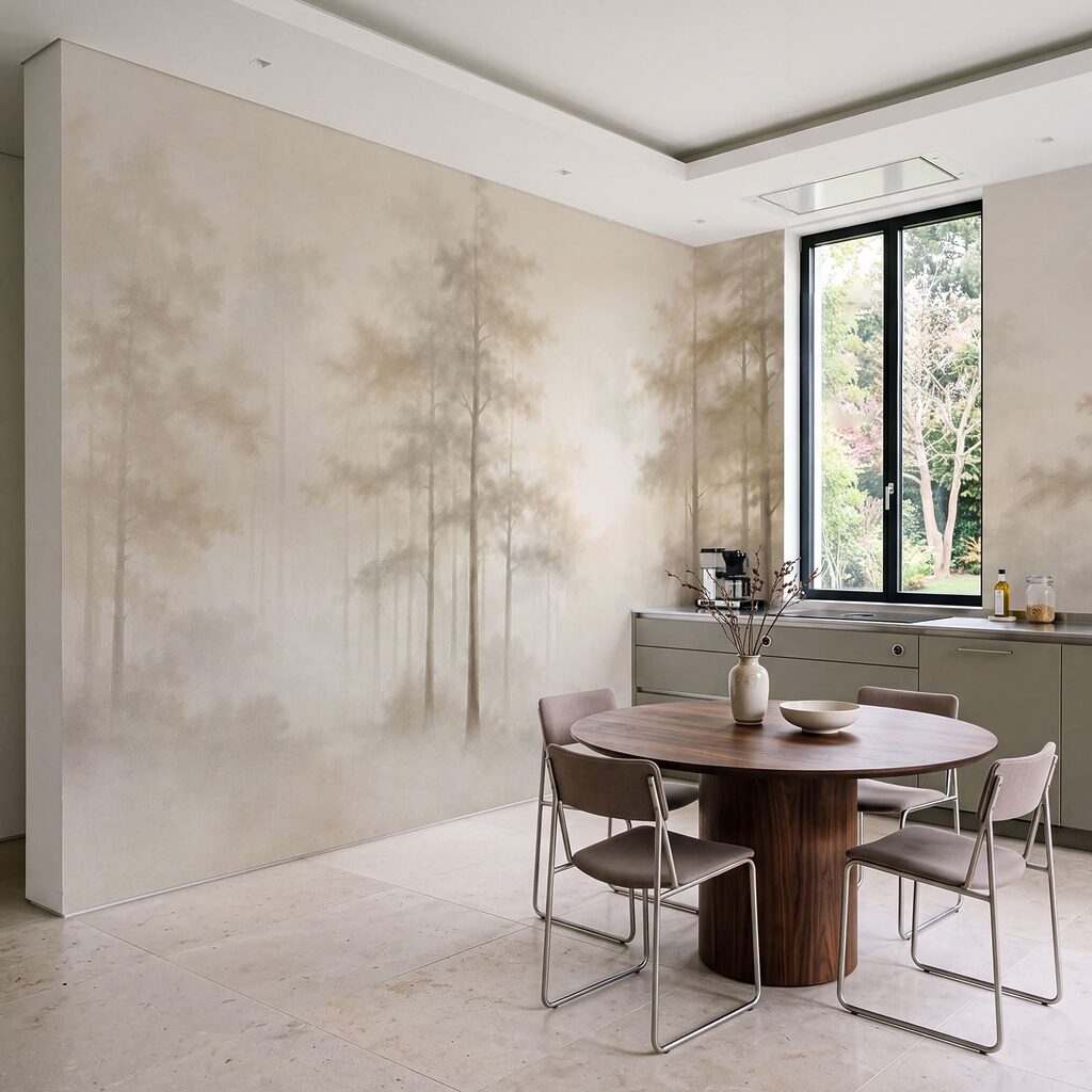 Slanke bomen in ochtendnevel — interieur 2
