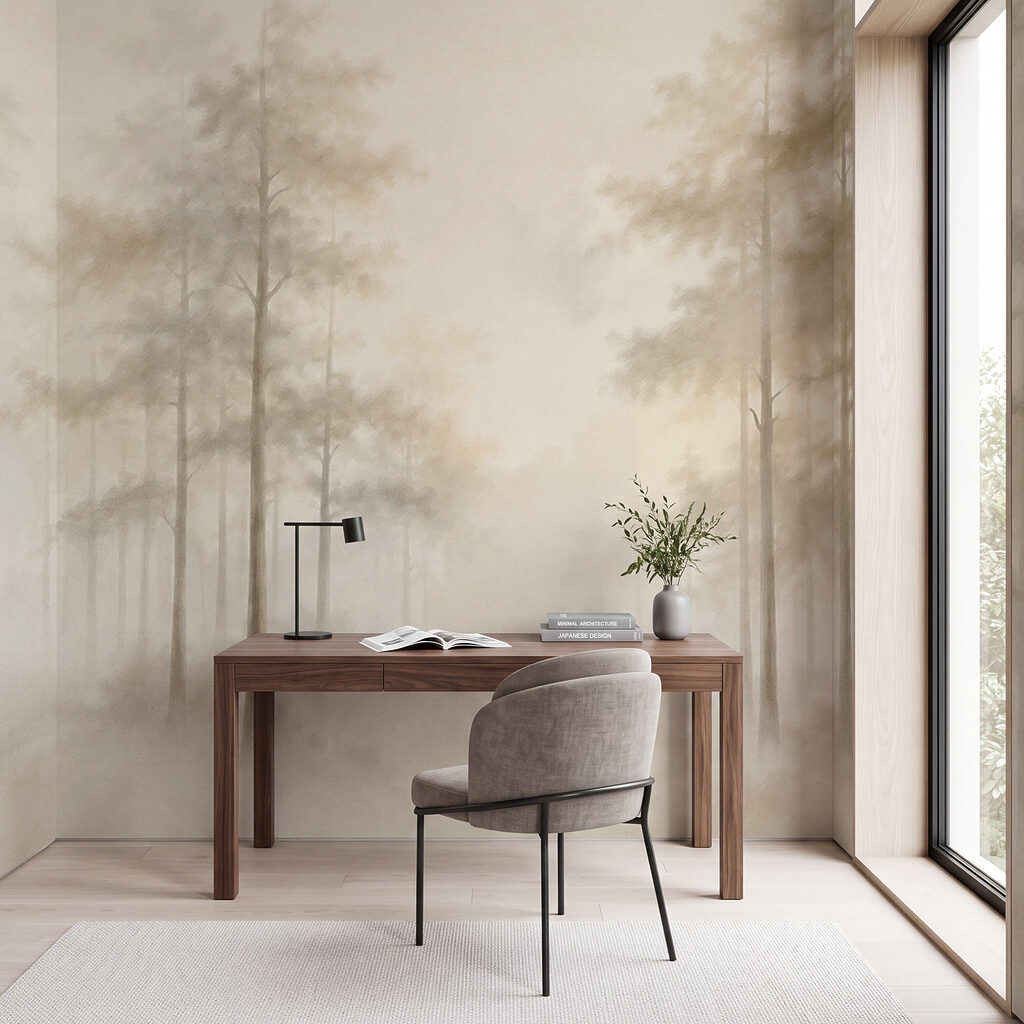 Slanke bomen in ochtendnevel — interieur 3