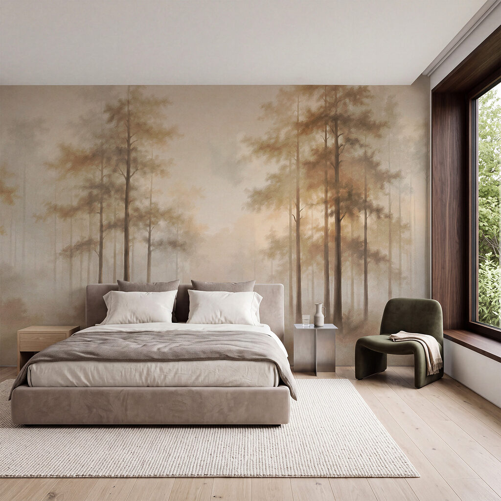 Mistig bos met bomen in een interieur