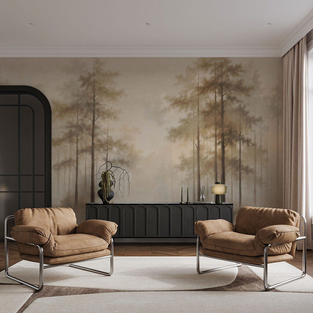 Slanke bomen in ochtendnevel — interieur 2