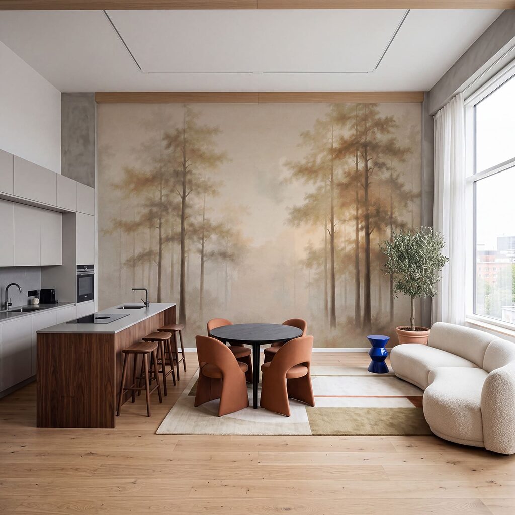 Slanke bomen in ochtendnevel — interieur 3