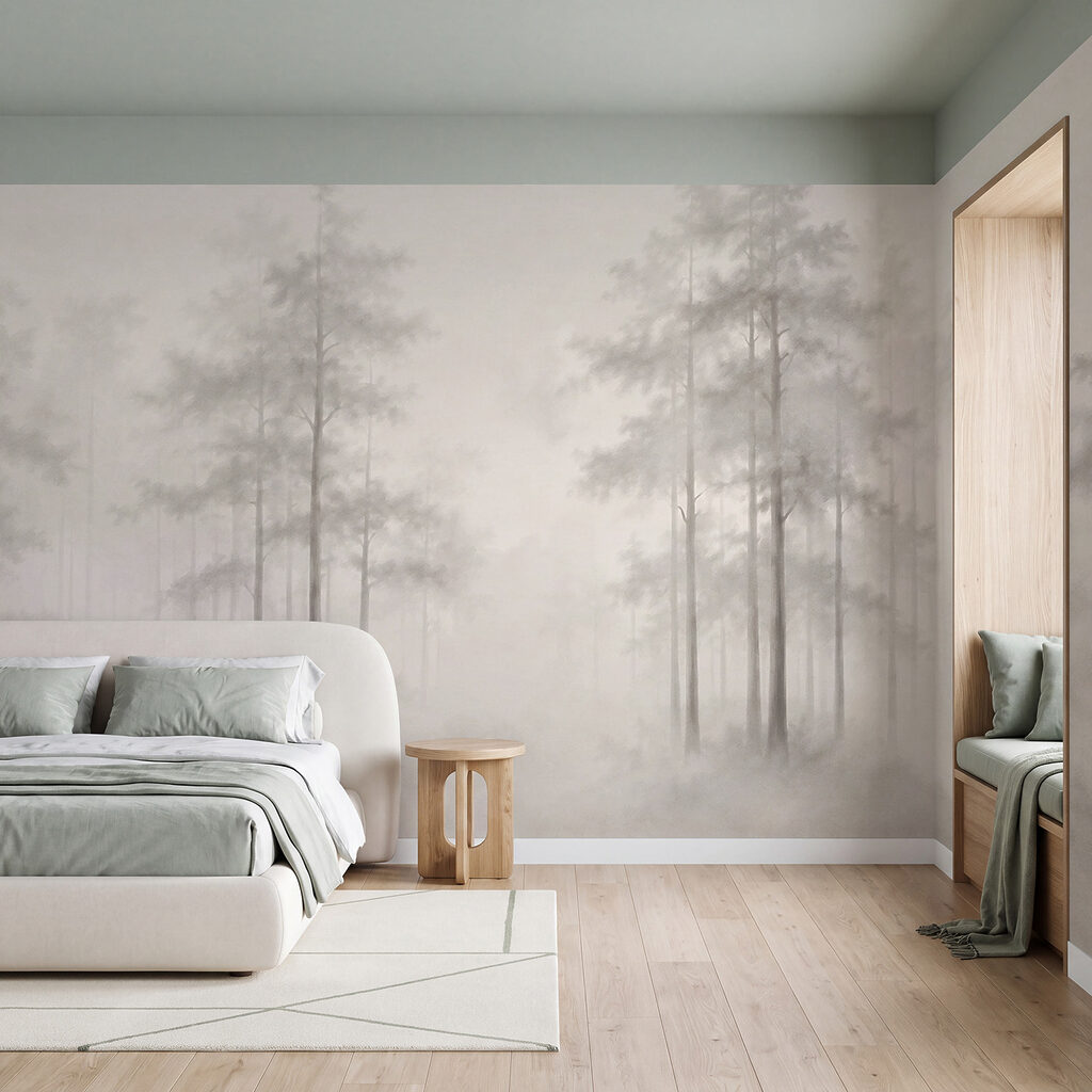 Slanke bomen in ochtendnevel — interieur 2
