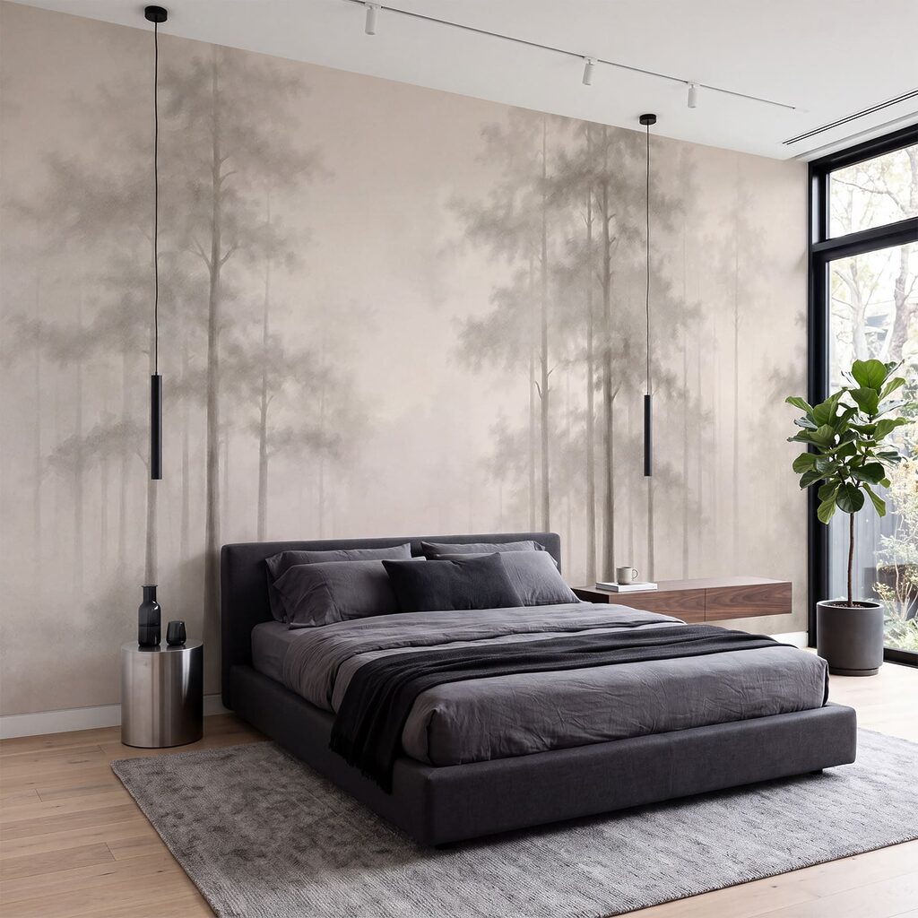 Slanke bomen in ochtendnevel — interieur 1