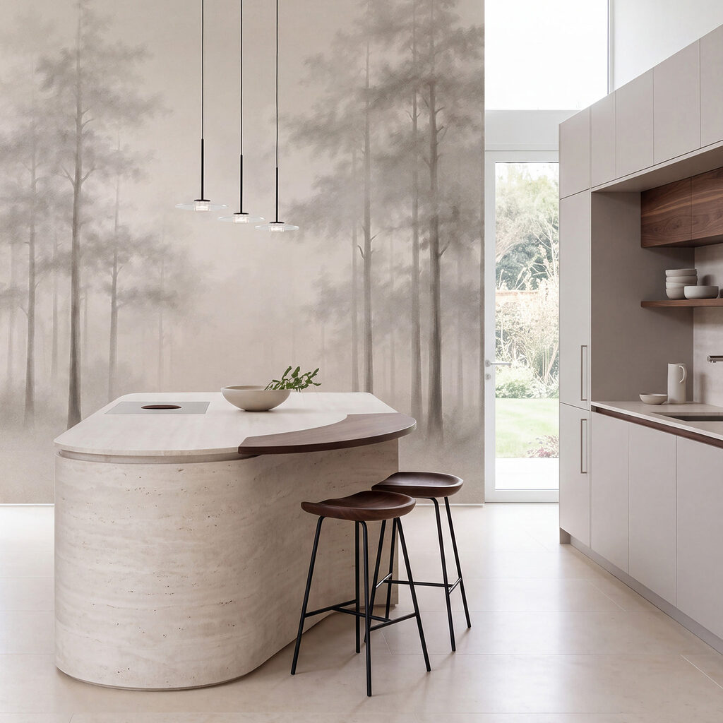 Slanke bomen in ochtendnevel — interieur 3