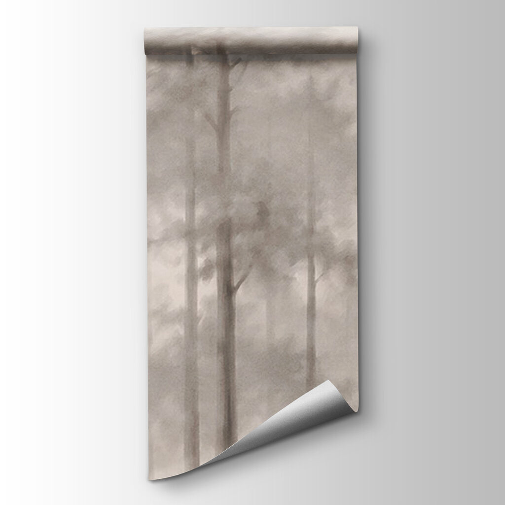 Slanke bomen in ochtendnevel — productweergave