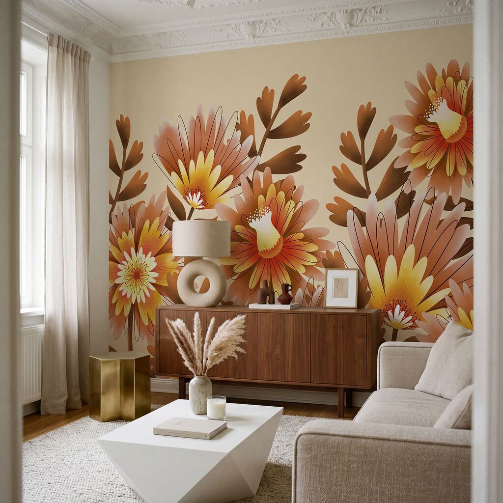 Groep oranje bloemen in een interieur