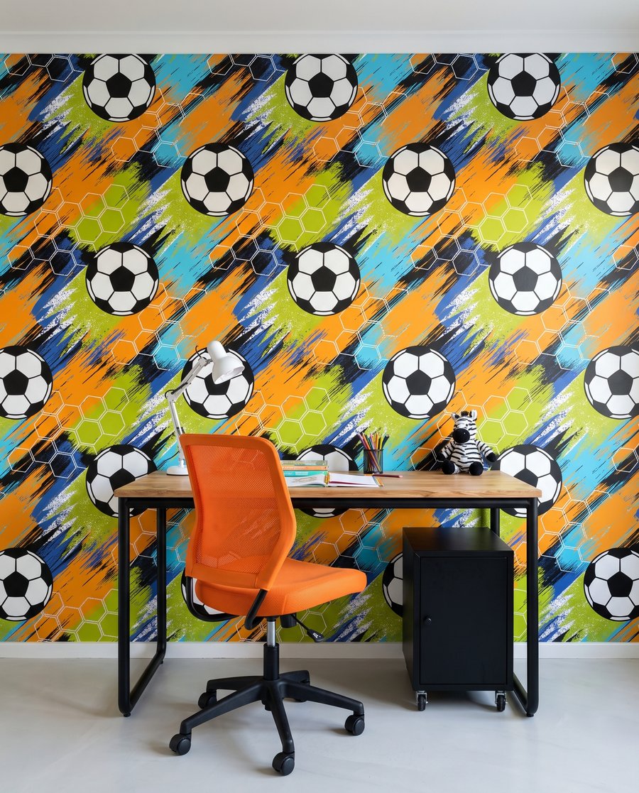 Voetballen tussen schuine verfstreken in een interieur