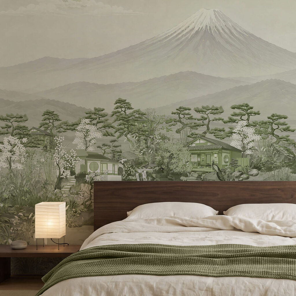 Landschap met bergen en bomen in een interieur