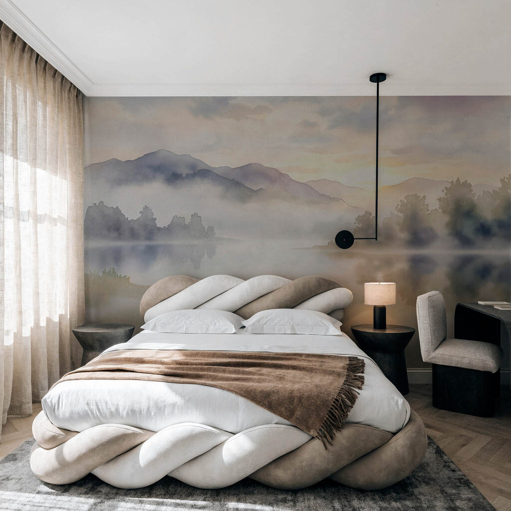 Aquarelschilderij van een meer met bomen en bergen op de achtergrond in een interieur