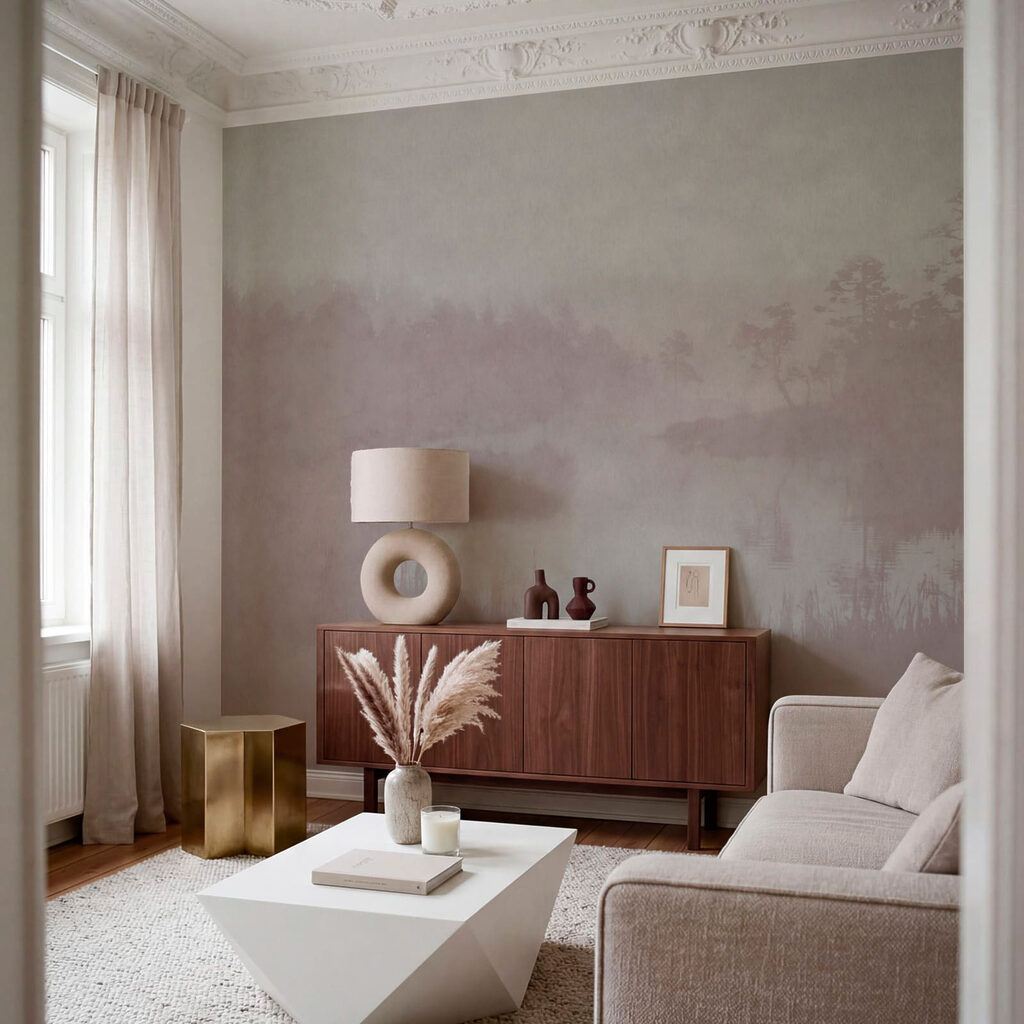 Mistig landschap met bomen en water in een interieur