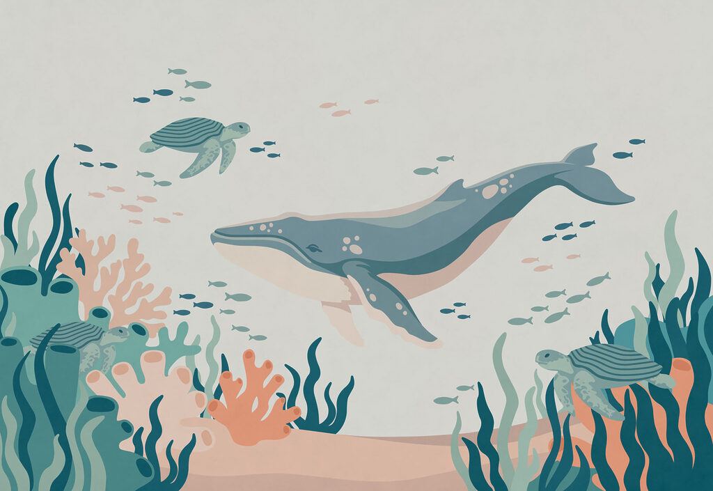 Walvis en schildpad samen — volledig ontwerp