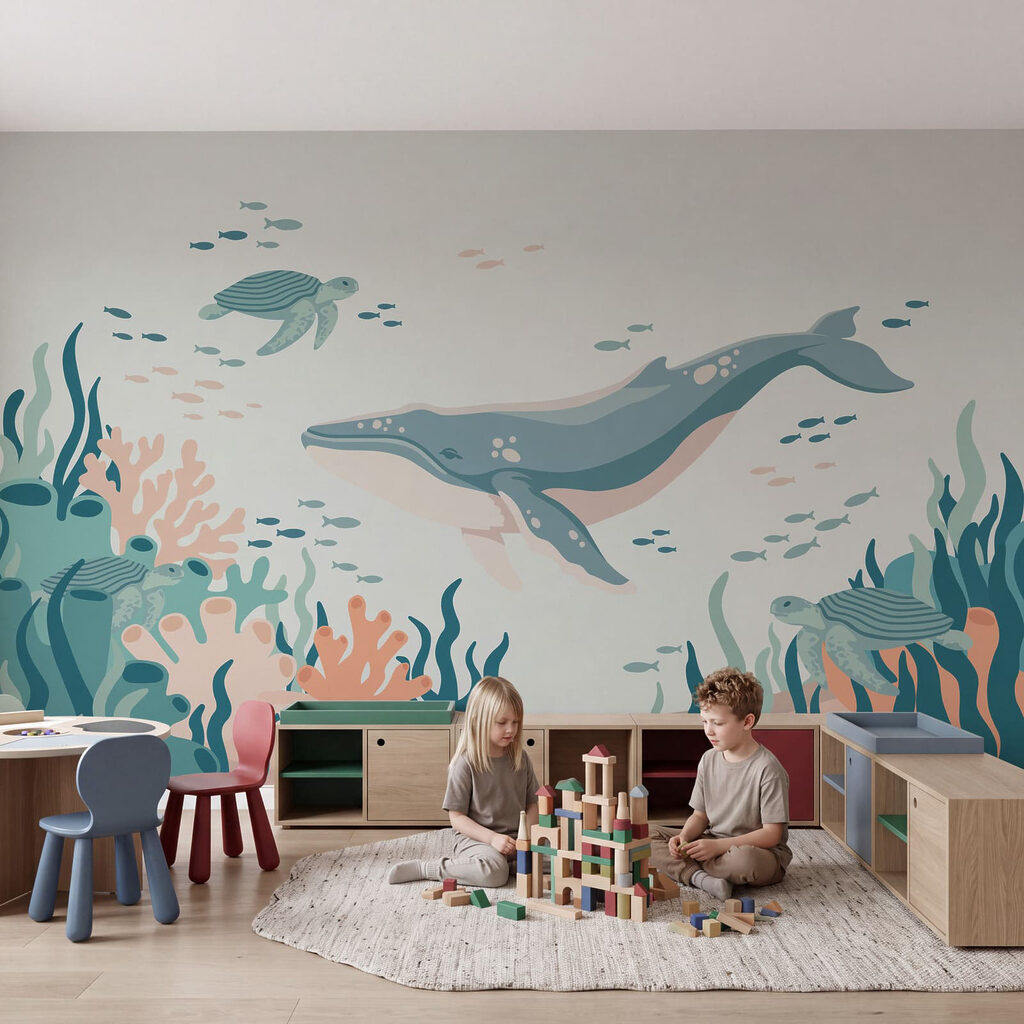 Een walvis en een schildpad die in de oceaan zwemmen in een interieur