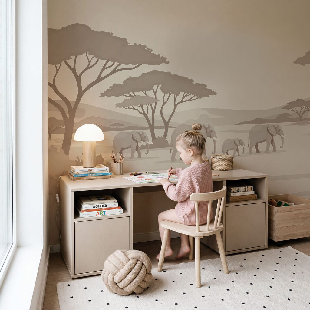 Een groep olifanten en giraffen in een veld in een interieur