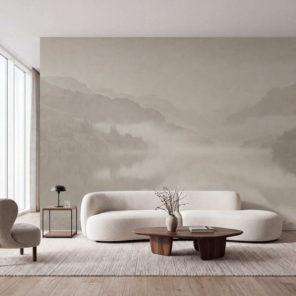 Meer met bergen op de achtergrond in een interieur