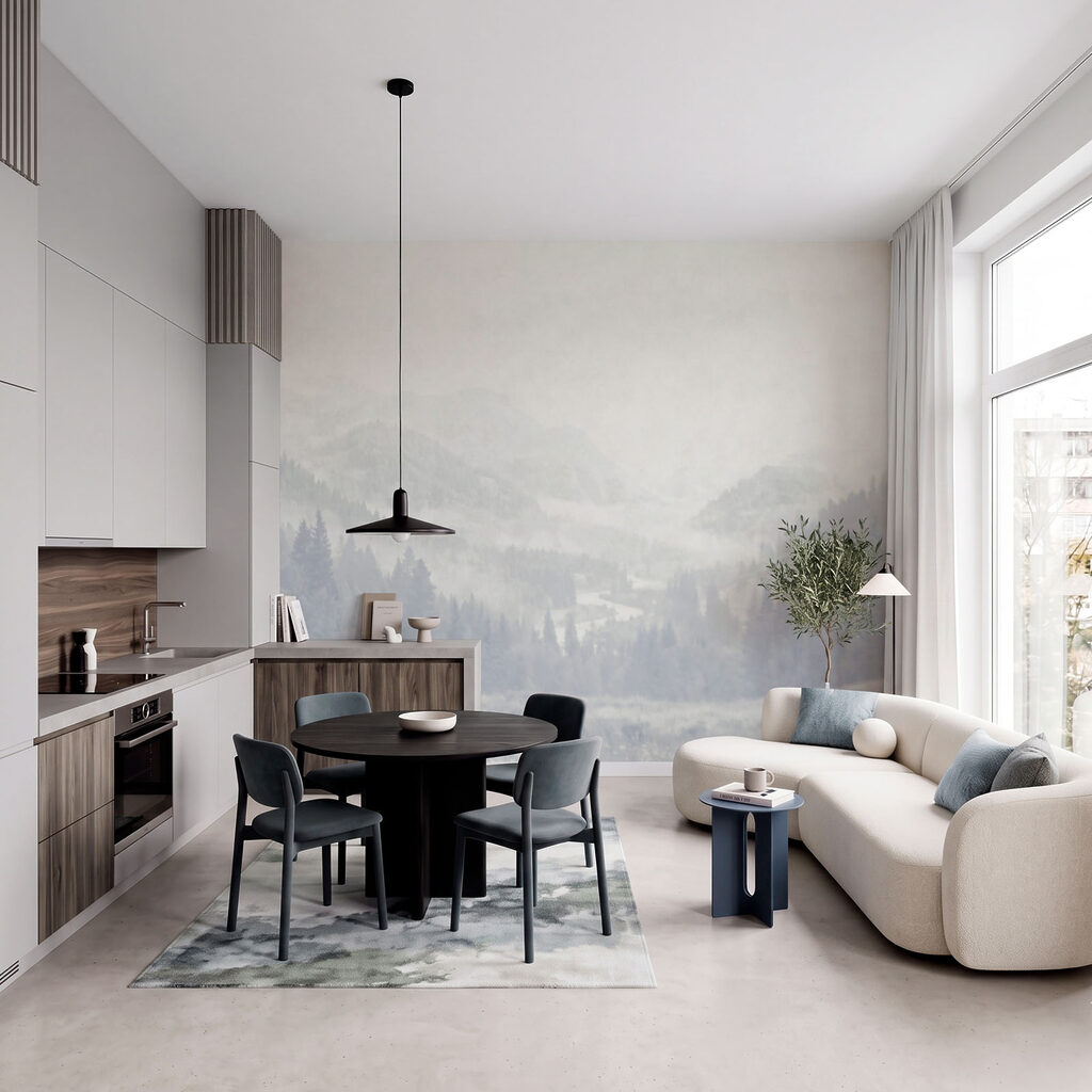 Landschap met bomen en bergen in een interieur