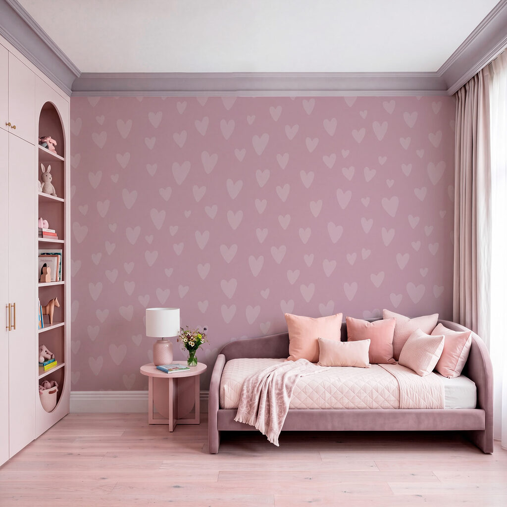 Roze achtergrond met hartjes in een interieur