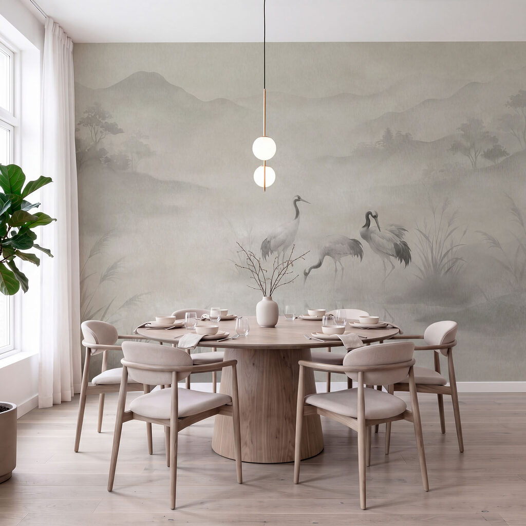 Een groep vogels in een mistig landschap in een interieur