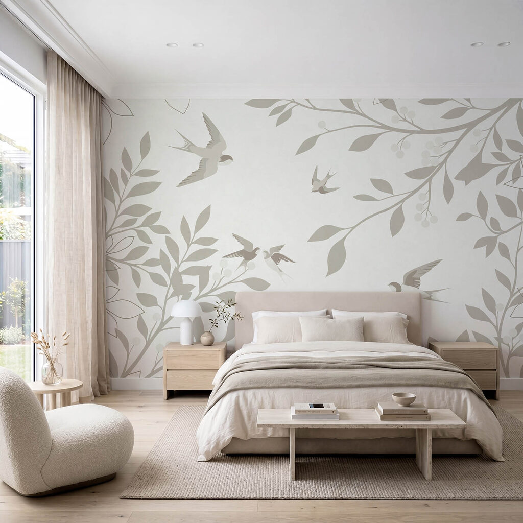 Witte achtergrond met vogels en bladeren — interieur 2