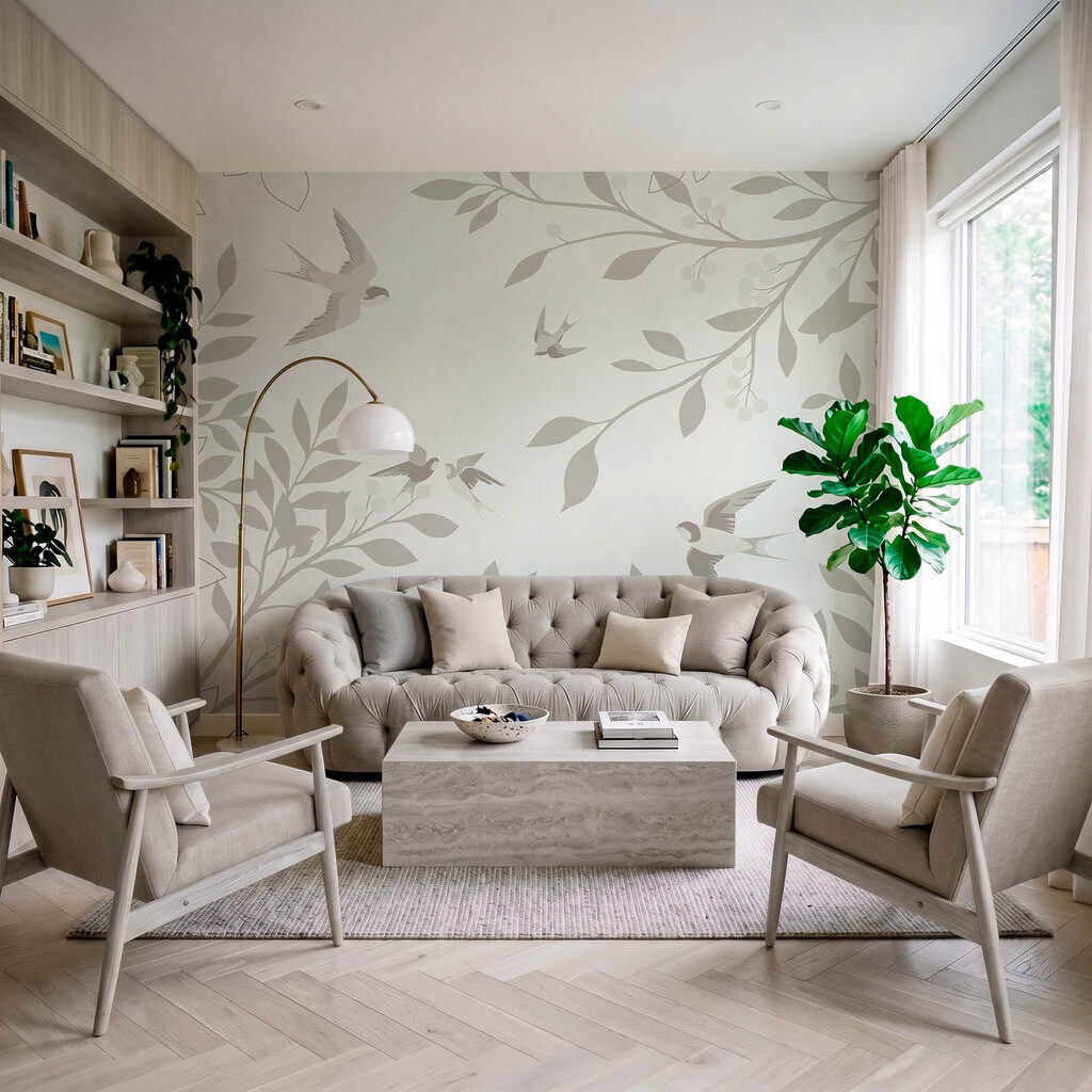 Witte achtergrond met vogels en bladeren — interieur 1