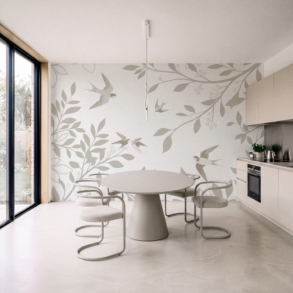 Witte achtergrond met vogels en bladeren — interieur 3