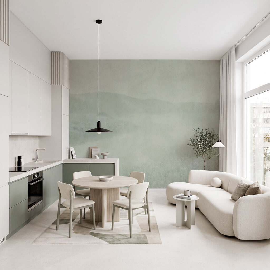 Mistig landschap met een rivier en heuvels in een interieur